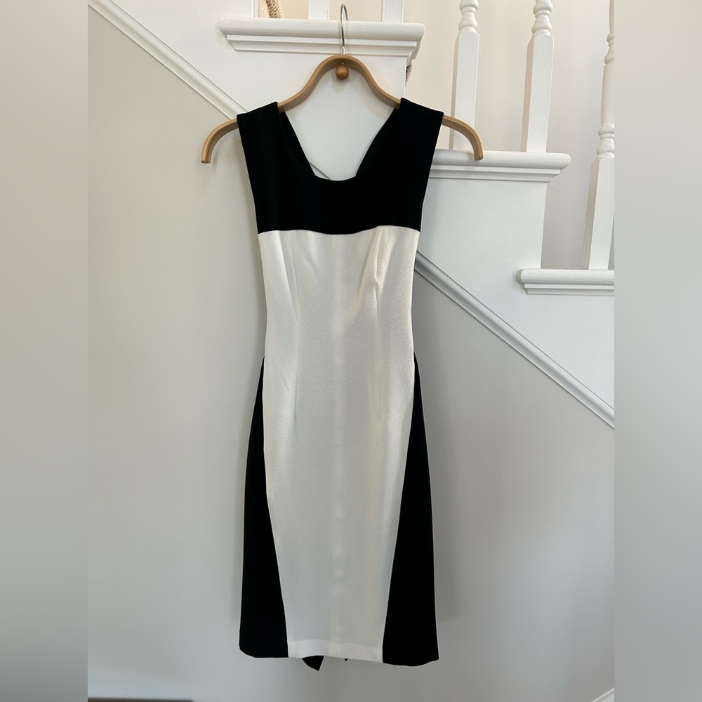 BCBGMAXAZRIA black and white mid-length dress with criss-cross back detail
